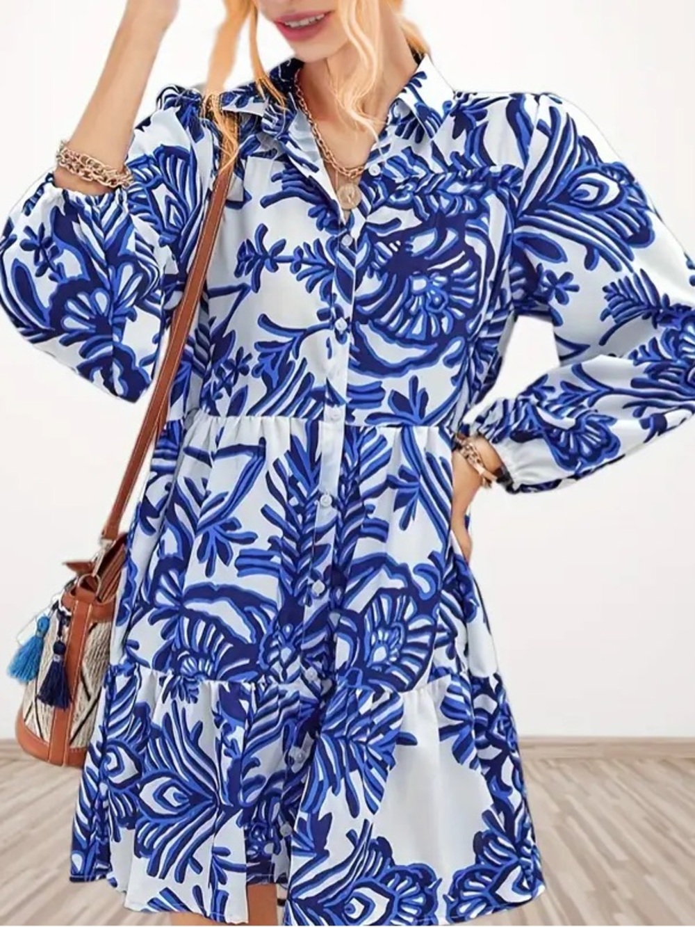 Blue Floral Button-Front Mini Dress